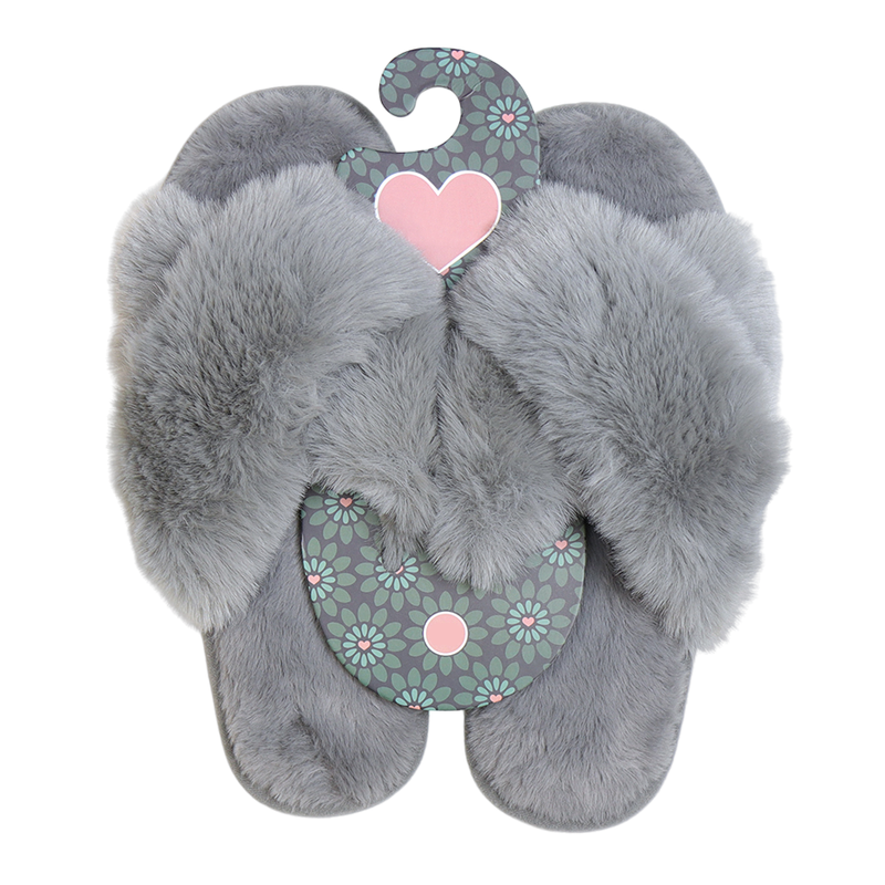 Faux Fur Cross Over Slippers | Pale Grey