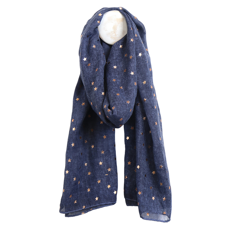 Star Print Scarf with Rose Gold Foil | Dusky Navy