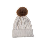 Women's Cable Knit Hat with Faux Fur Pom Pom | Linen White/Mocha Brown