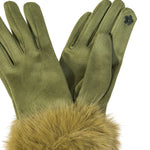 Women's Faux Suede Gloves with Faux Fur Cuffs | Artichoke Green