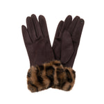 Women's Faux Suede Gloves with Faux Fur Cuffs | Coffee Brown/Leopard Print
