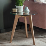Blair Round Glass Side Table | Natural Oak
