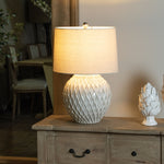 Lattice Ceramic Table Lamp with Linen Shade | White