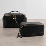 Fold-Out Faux Croc Mirror Make Up Bag | Black