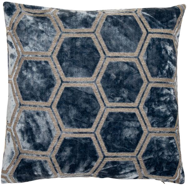 Hexagonal Cut Velvet Ivor Cushion | Blue | 56x56cm