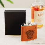 Highland Cow Hip Flask | Leather Wrapped