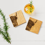 Scottish Oak Coasters | Etched Highland Cow | Set of 2