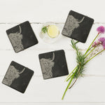 Square Coasters | Etched Highland Cow | Set of 4