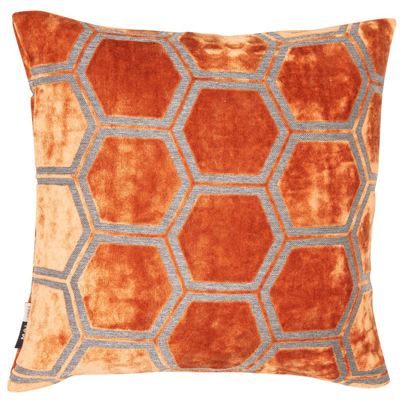 Hexagonal Cut Velvet Ivor Cushion | Orange | 56x56cm