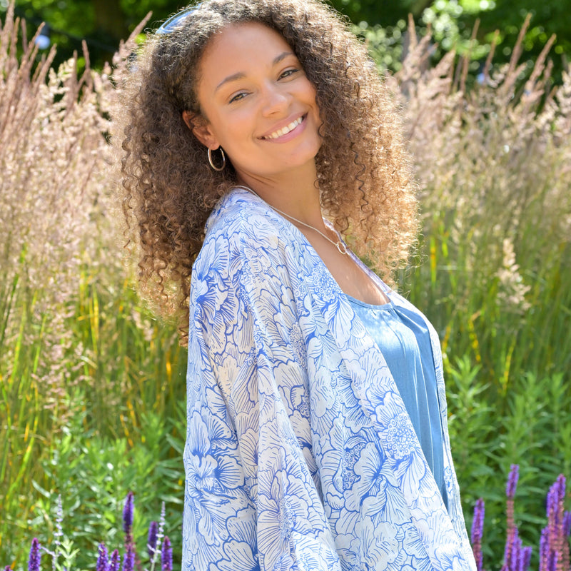 Floral Sketch Kimono | Blue & White