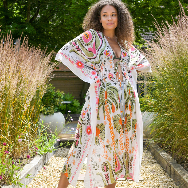 Folksy Floral Print Kimono | Pink & Green