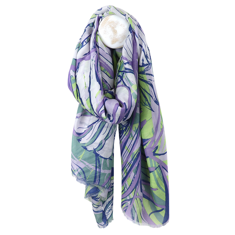 Lightweight Abstract Tropical Leaf Print Scarf | Blue & Green