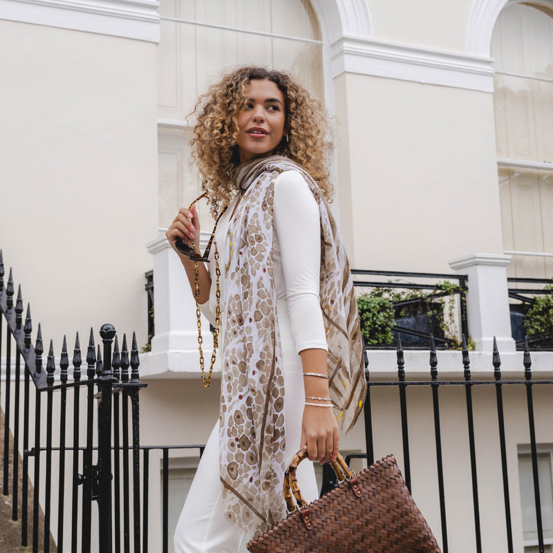 Lightweight Abstract Animal Print Scarf | Beige & White