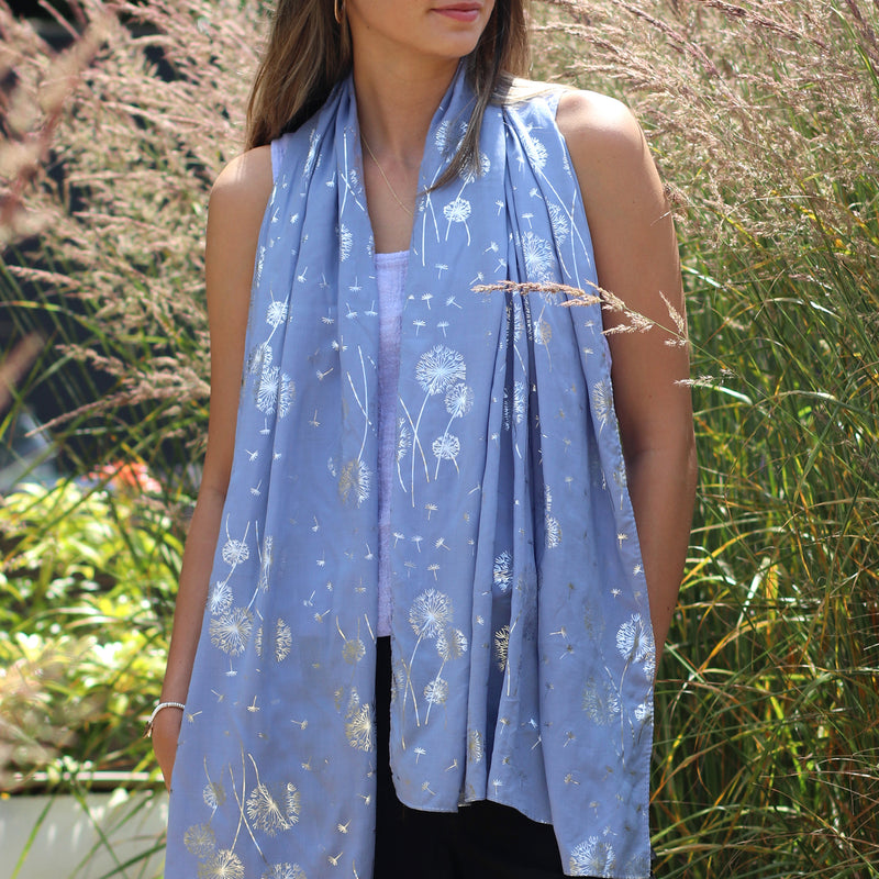 Lightweight Dandelion Print Scarf with Metallic Foil | Denim Blue