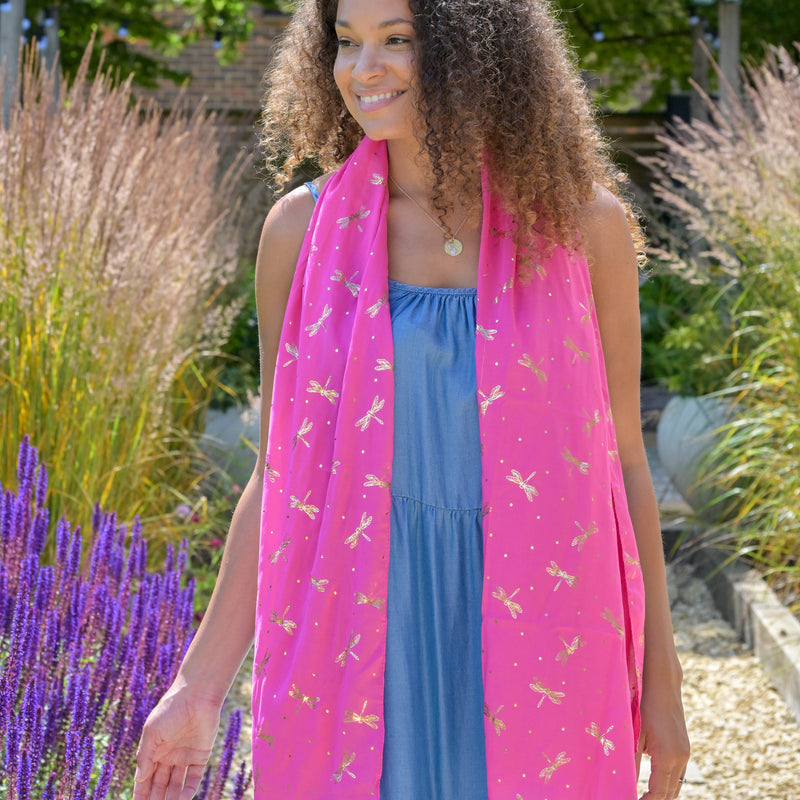 Lightweight Dragonfly Print Scarf with Metallic Foil | Hot Pink