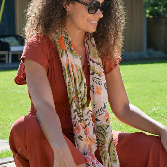 Lightweight Folksy Floral Print Scarf | Green & Orange