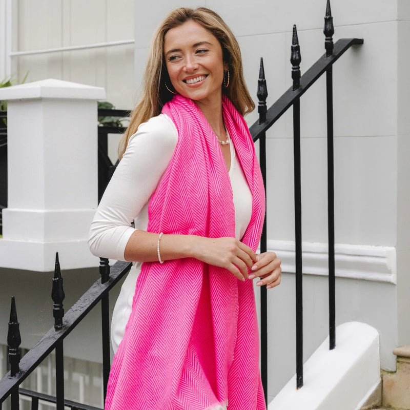 Lightweight Herringbone Scarf with Fringe | Pink