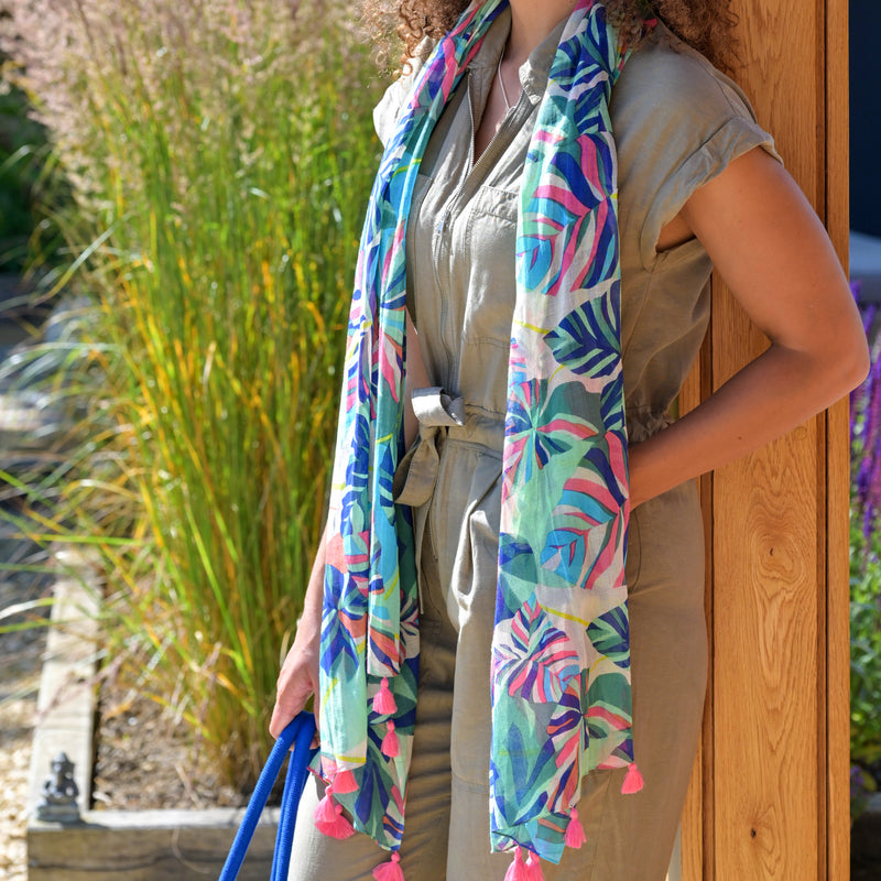 Lightweight Tropical Leaf Print Scarf | Multicolour