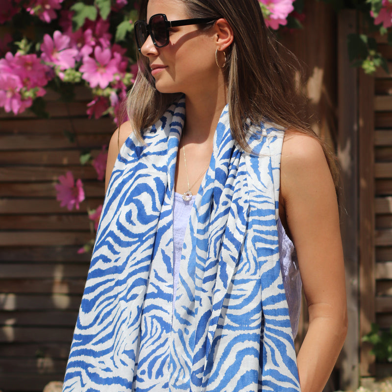 Lightweight Zebra Print Scarf | Blue & White