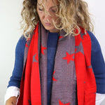 Reversible Star Scarf with Fringe | Red/Grey