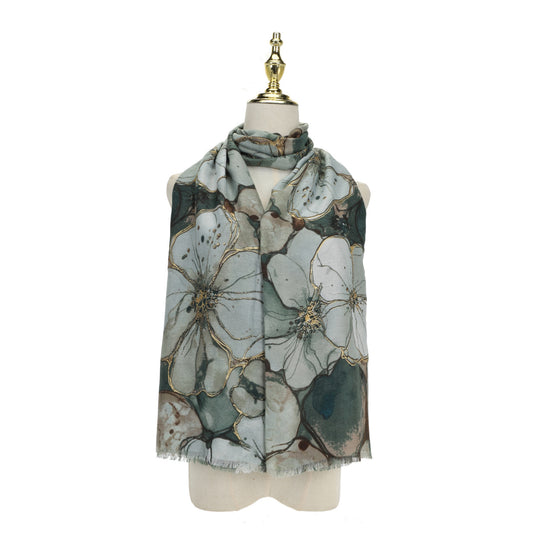 Women's Abstract Floral Print Scarf | Green & Gold