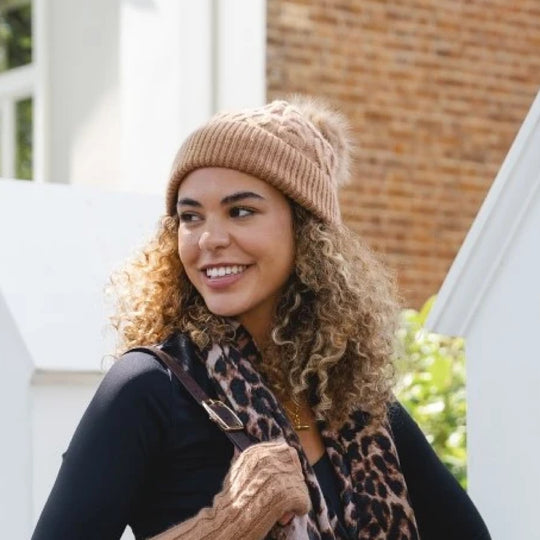 Women's Cable Knit Bobble Hat | Mocha Mousse Brown