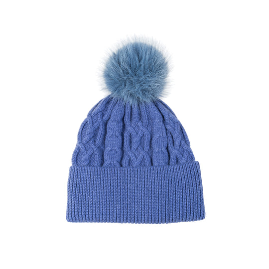 Women's Cable Knit Hat with Faux Fur Pom Pom | China Blue