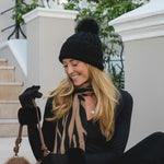 Women's Cable Knit Hat with Faux Fur Pom Pom | Ebony Black