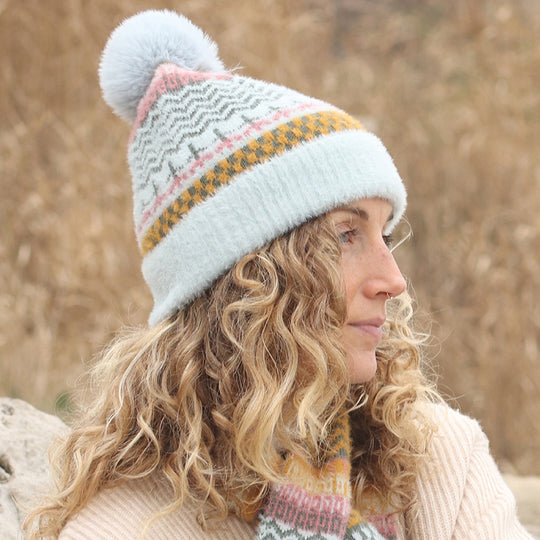 Women's Cottage Core Pom Pom Hat | Baby Blue/Mustard