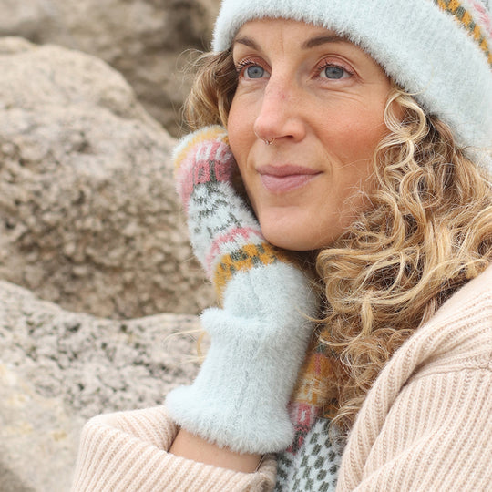 Women's Cottage Core Wrist Warmers | Baby Blue/Mustard Mix