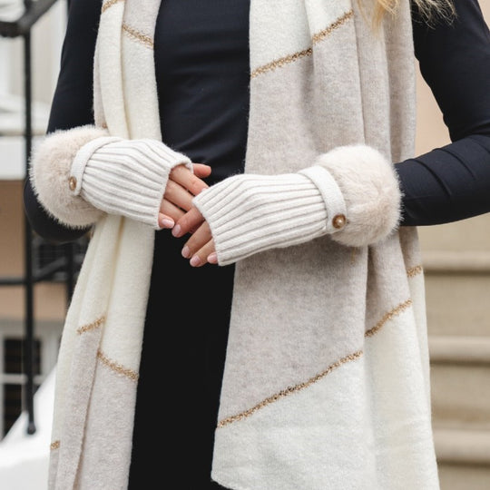 Women's Faux Fur Soft Knit Ribbed Fingerless Gloves | Linen
