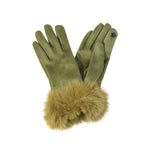 Women's Faux Suede Gloves with Faux Fur Cuffs | Artichoke Green