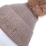 Women's Ribbed Winter Hat with Faux Fur Pom Pom & Glitter | Cappuccino Brown