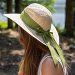 Woven Wide Brim Straw Sun Hat with Green Ribbon
