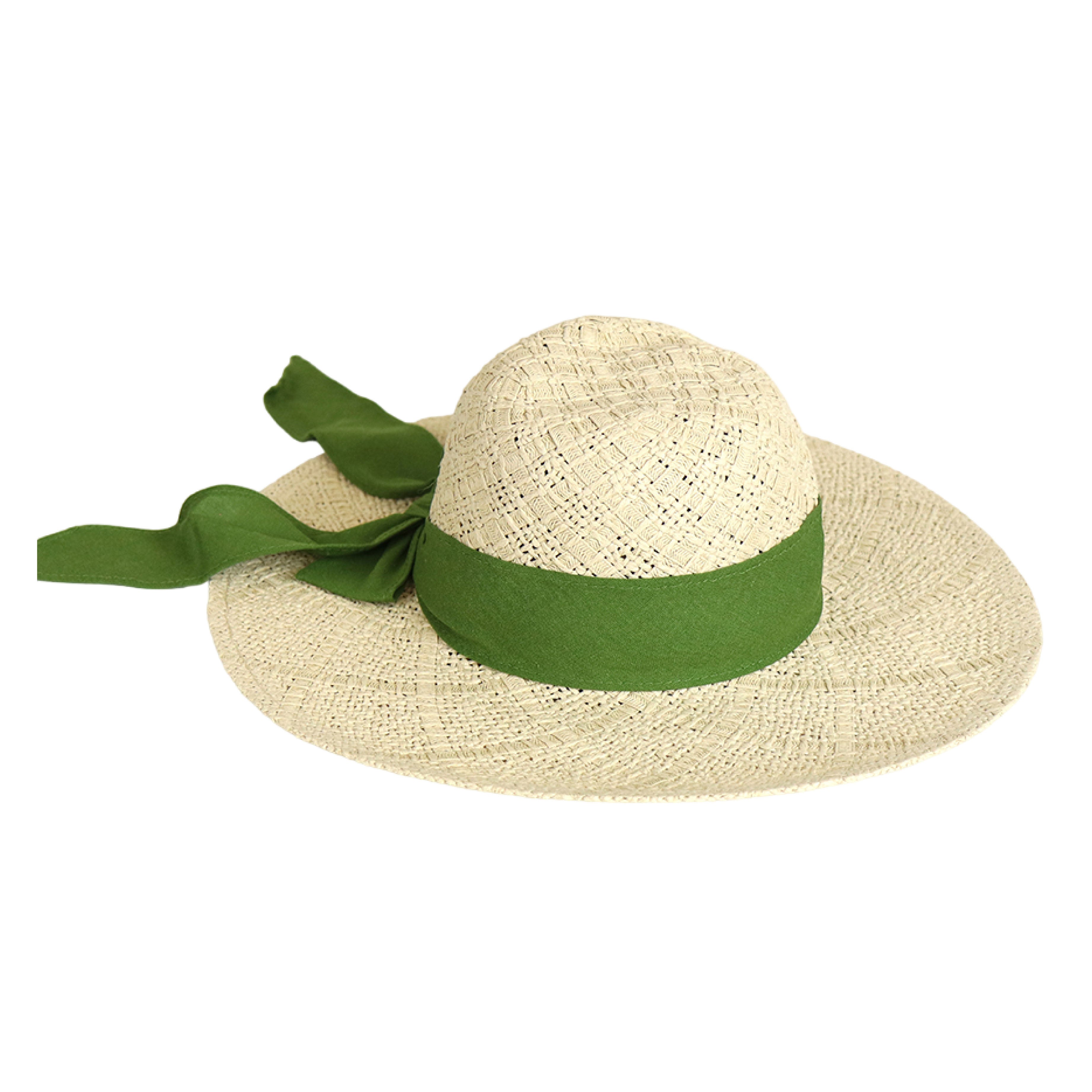 ADORE Woven Wide Brim Straw Sun Hat with Green Ribbon About Living