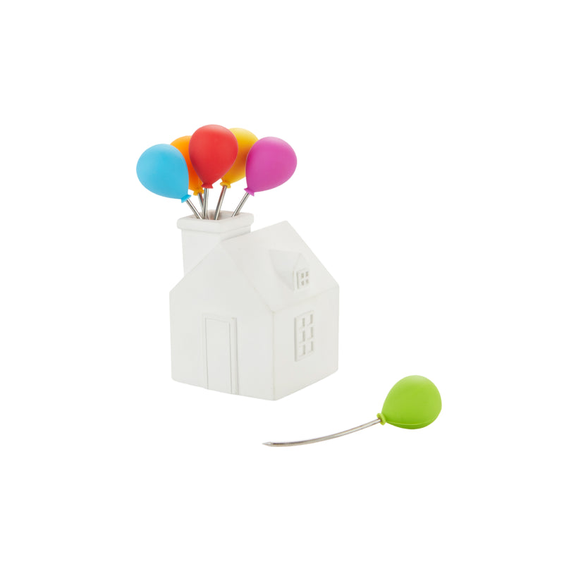 Balloon-Tipped Snack Forks in House Holder | Set of 6