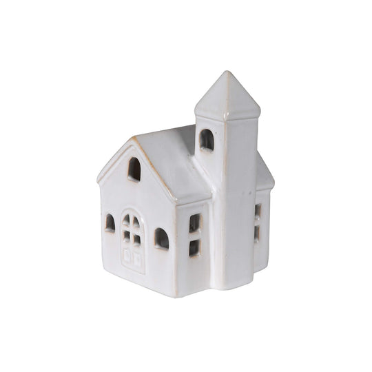 Festive Nordic LED Church Figurine | White Stoneware | 10cm
