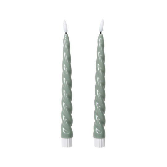 LED Taper Candles with Twist Detail | Sage | Set of 2