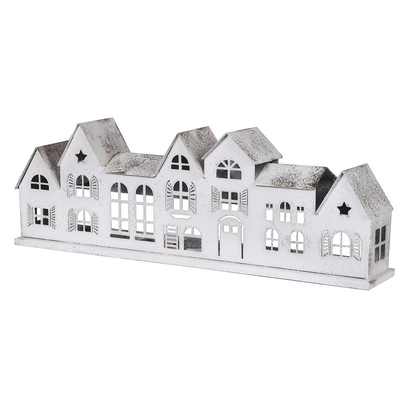 Rustic Snowcapped Townhouse Candle Holder | Whitewash Iron | 52cm