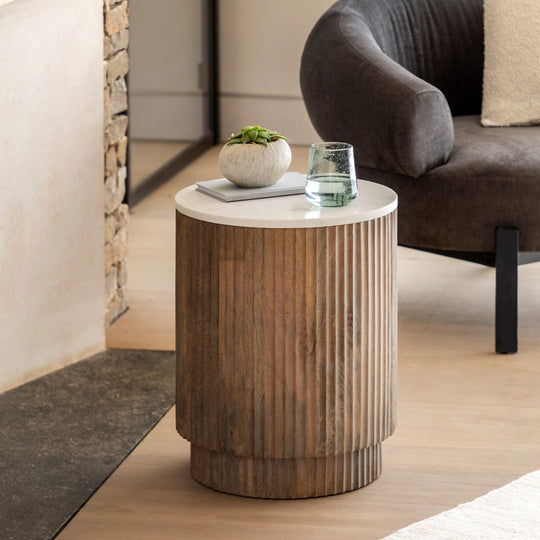 Marmo Round Marble Top Side Table | Natural Mango Wood