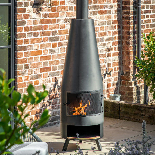 Outdoor Foligno Chiminea with Pizza Shelf | Black Iron | 50cm