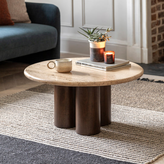 Trevi Round Stone Top Coffee Table | Dark Mango Wood
