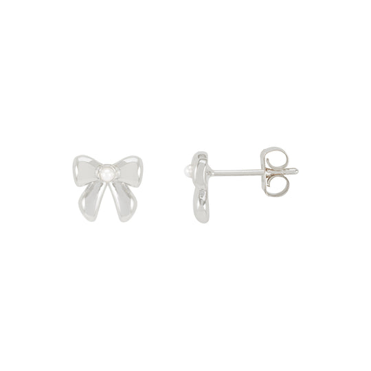 Pearl Bow Stud Earrings | Silver Plated