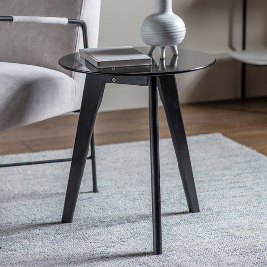 Blair Round Smoked Glass Side Table | Black Oak