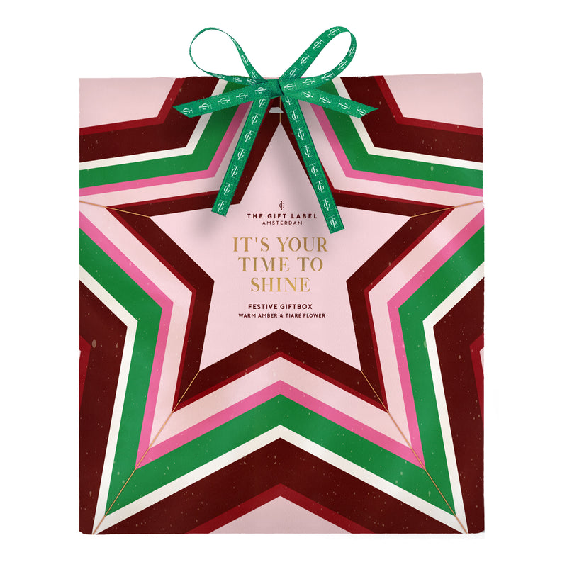 'It's Your Time To Shine' Festive Ribbon Tied Gift Bag | Candle & Body Lotion Set | Warm Amber & Tiare Flower