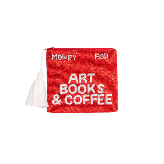 Beaded 'Money For Art Books & Coffee' Sentiment Purse | Red