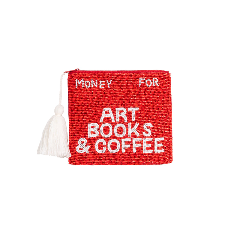 Beaded 'Money For Art Books & Coffee' Sentiment Purse | Red