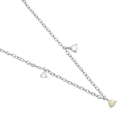 Halo Pearl CZ & Pearl Charm Necklace | Silver Plated