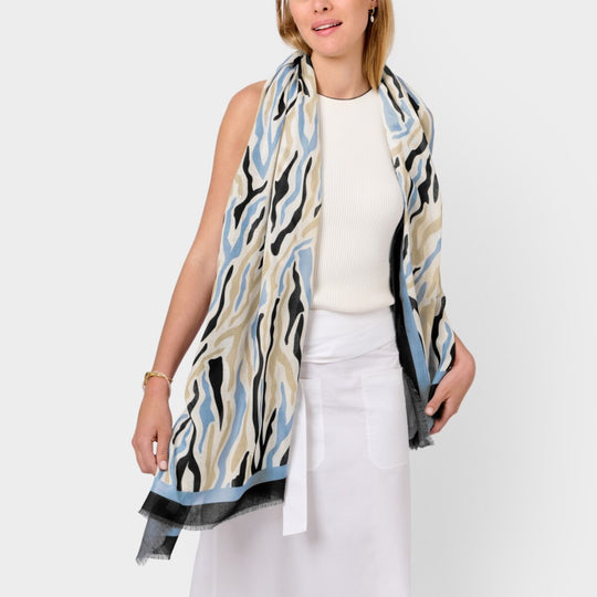 Abstract Zebra Print Scarf | Ecru & Blue
