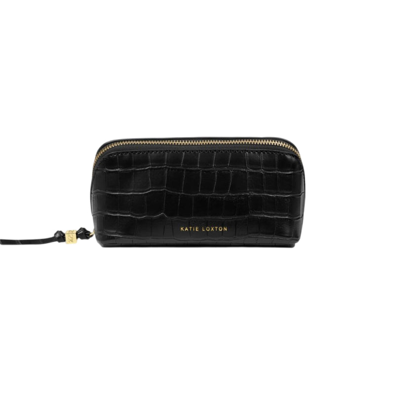 Fold-Out Faux Croc Mirror Make Up Bag | Black